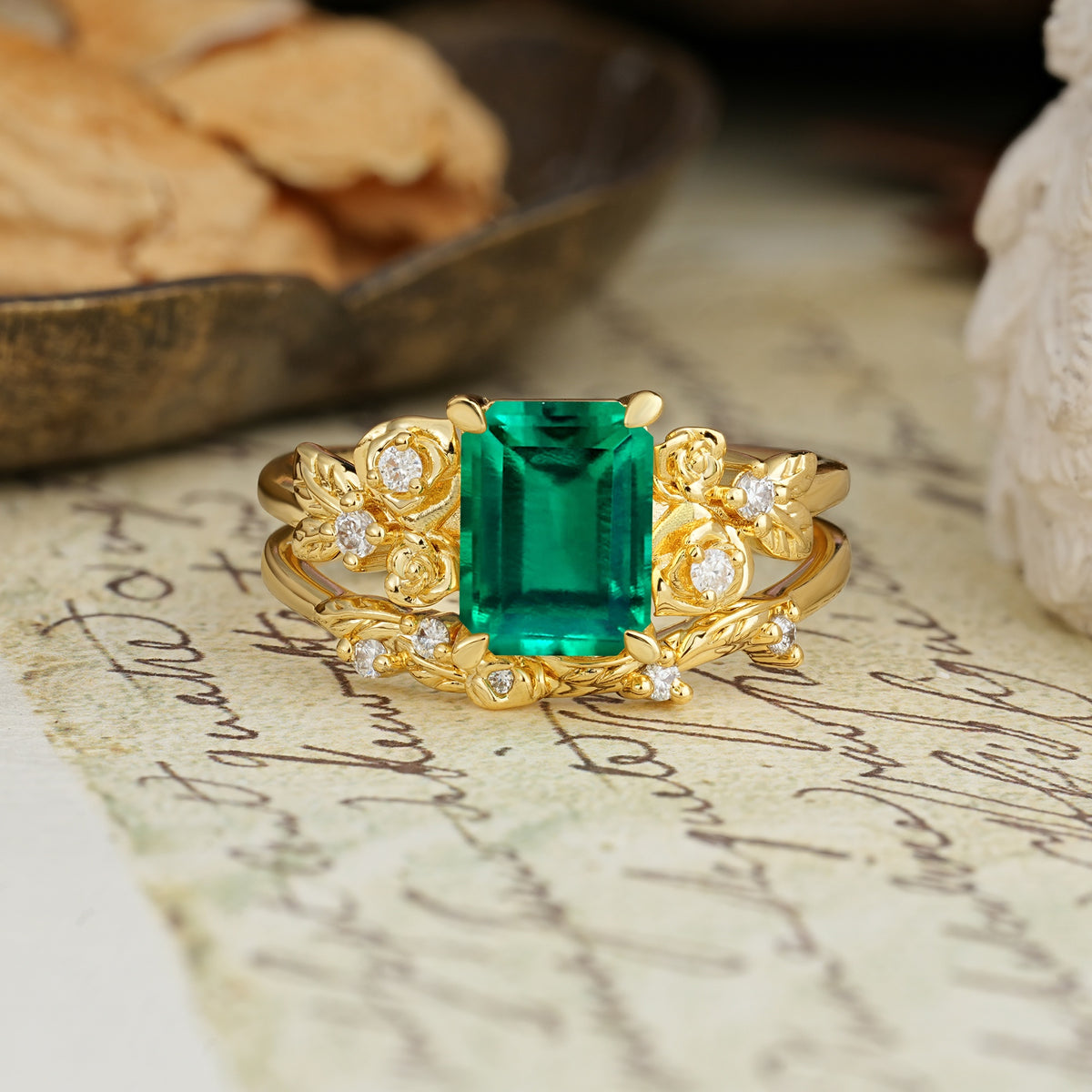 Nature-Inspired Luxury Aphrodite's Garden Emerald-Cut Emerald Rose-Themed Bridal Ring Set | RamaSoul - Yellow-Gold