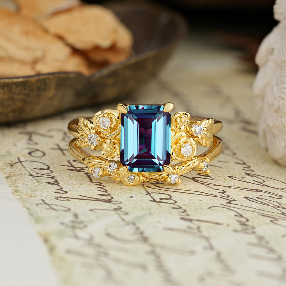 Nature-Inspired Luxury Aphrodite's Garden Emerald-Cut Alexandrite Rose-Themed Bridal Ring Set | RamaSoul - Yellow-Gold