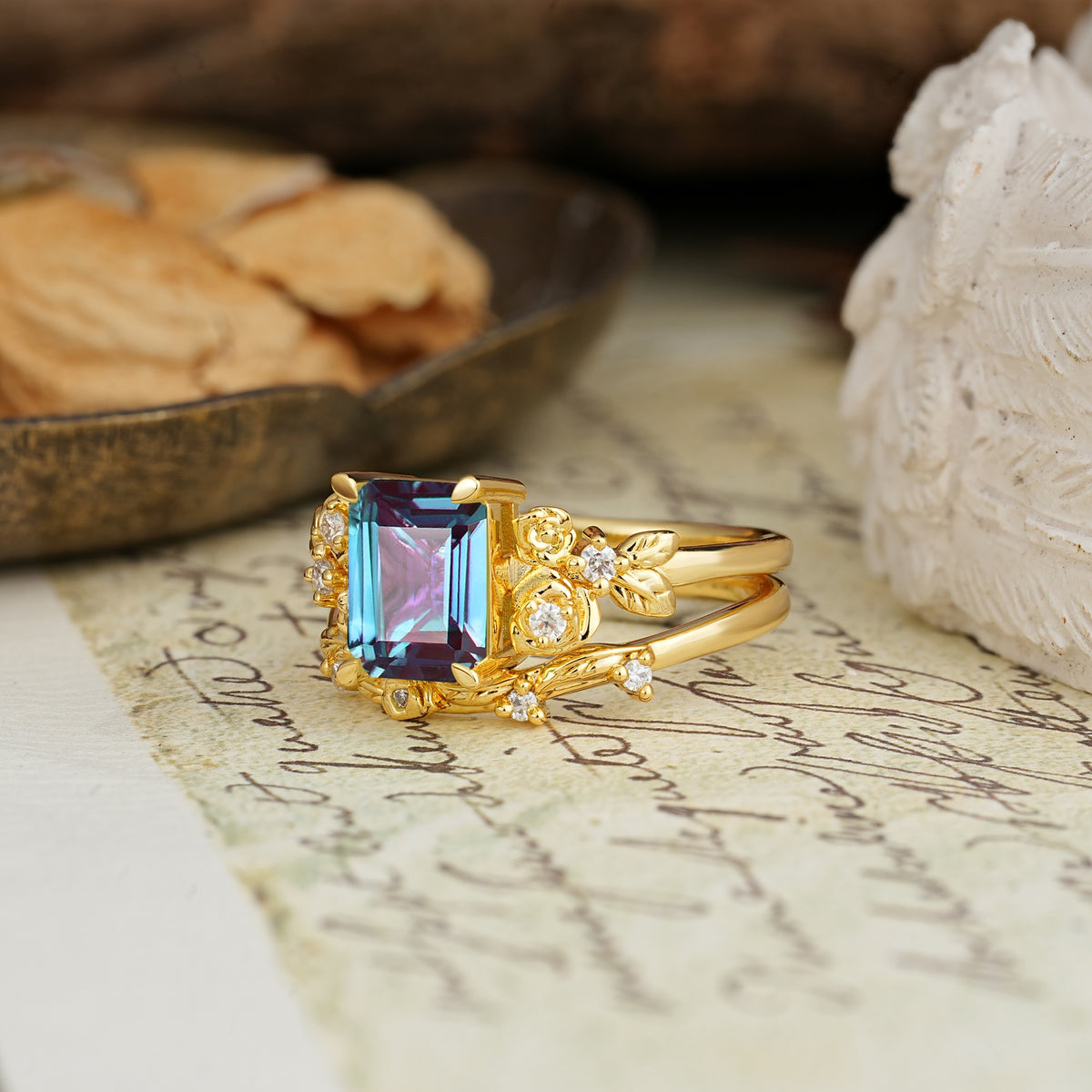Nature-Inspired Luxury Aphrodite's Garden Emerald-Cut Alexandrite Rose-Themed Bridal Ring Set | RamaSoul - Rose-Gold