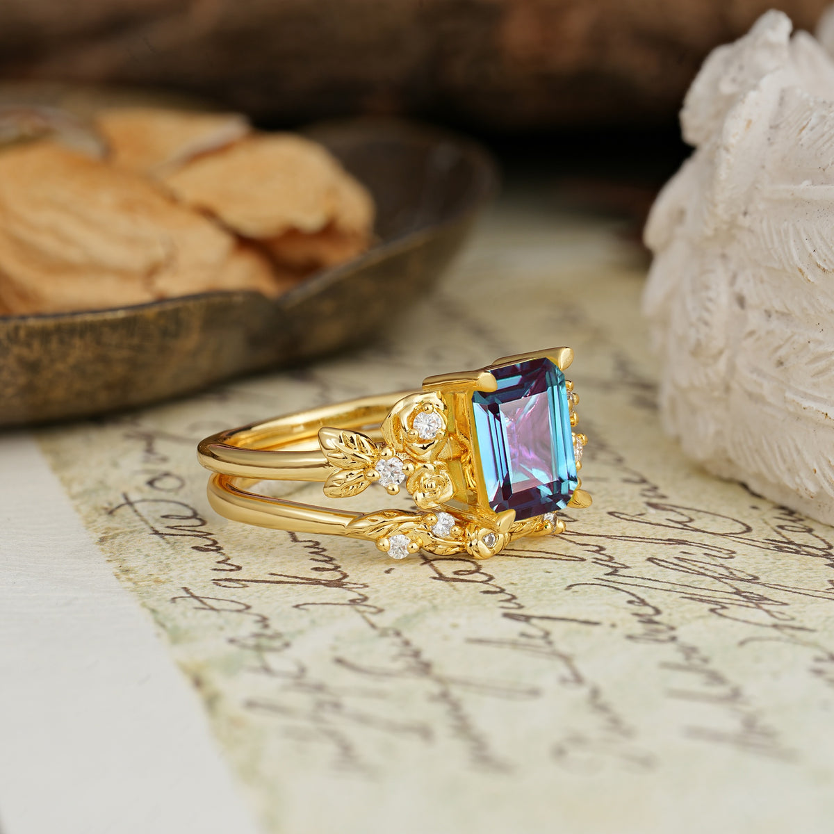 Nature-Inspired Luxury Aphrodite's Garden Emerald-Cut Alexandrite Rose-Themed Bridal Ring Set | RamaSoul - Additional view
