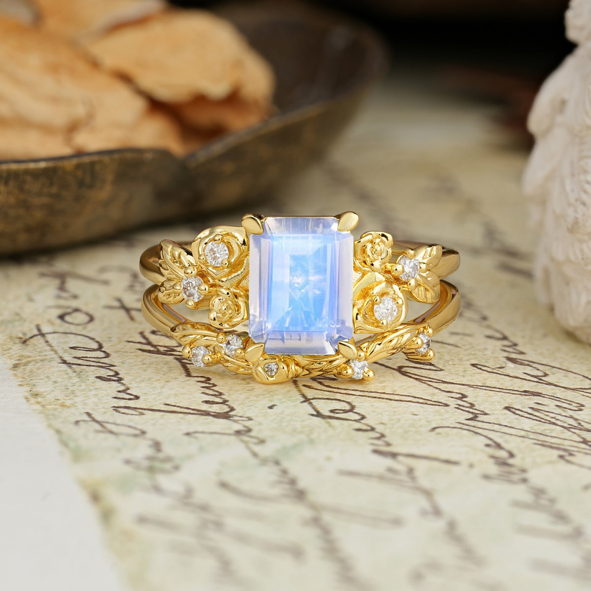 Nature-Inspired Luxury Aphrodite's Garden Emerald-Cut Moonstone Rose-Themed Bridal Ring Set | RamaSoul - Yellow-Gold
