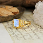 Nature-Inspired Luxury Aphrodite's Garden Emerald-Cut Moonstone Rose-Themed Bridal Ring Set | RamaSoul - Rose-Gold