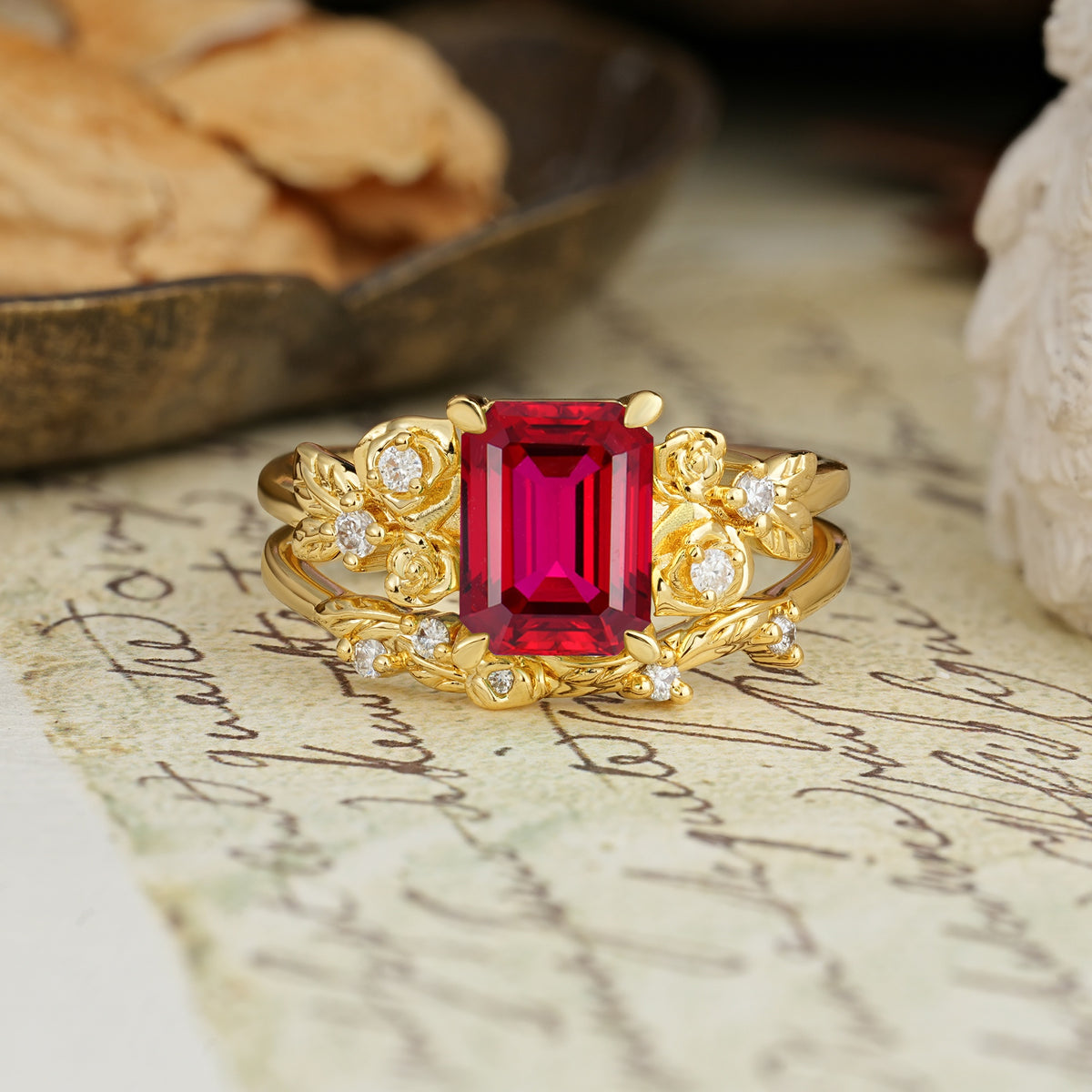 Nature-Inspired Luxury Aphrodite's Garden Emerald-Cut Ruby Rose-Themed Bridal Ring Set | RamaSoul - Yellow-Gold