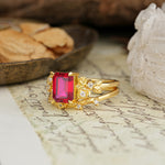 Nature-Inspired Luxury Aphrodite's Garden Emerald-Cut Ruby Rose-Themed Bridal Ring Set | RamaSoul - Rose-Gold