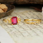 Nature-Inspired Luxury Aphrodite's Garden Emerald-Cut Ruby Rose-Themed Bridal Ring Set | RamaSoul - White-Gold