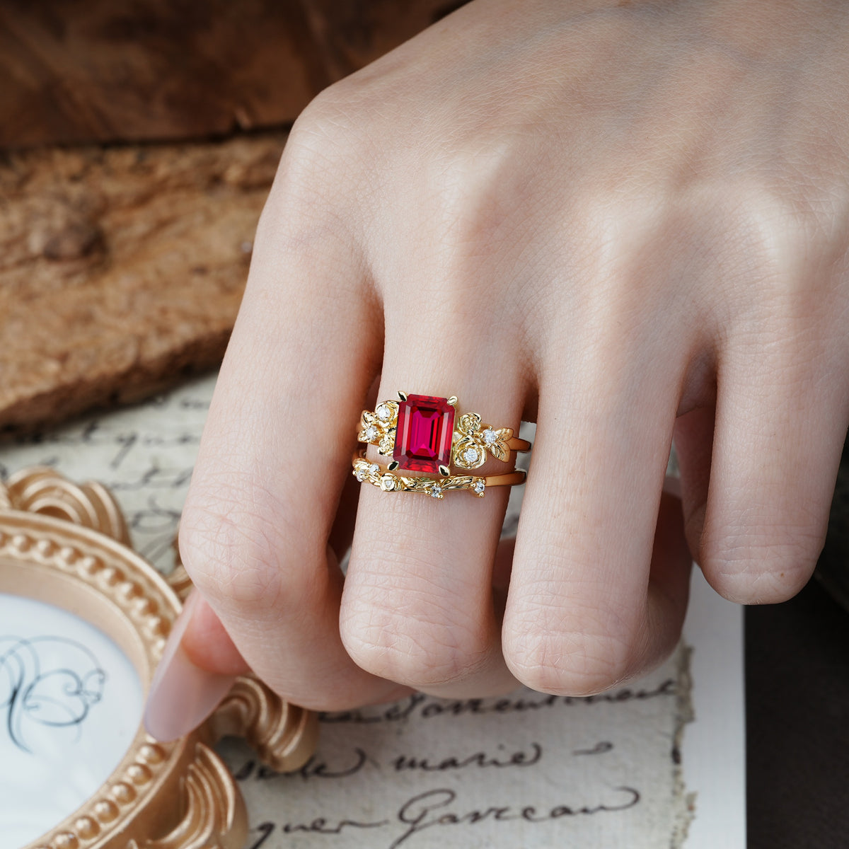 Nature-Inspired Luxury Aphrodite's Garden Emerald-Cut Ruby Rose-Themed Bridal Ring Set | RamaSoul