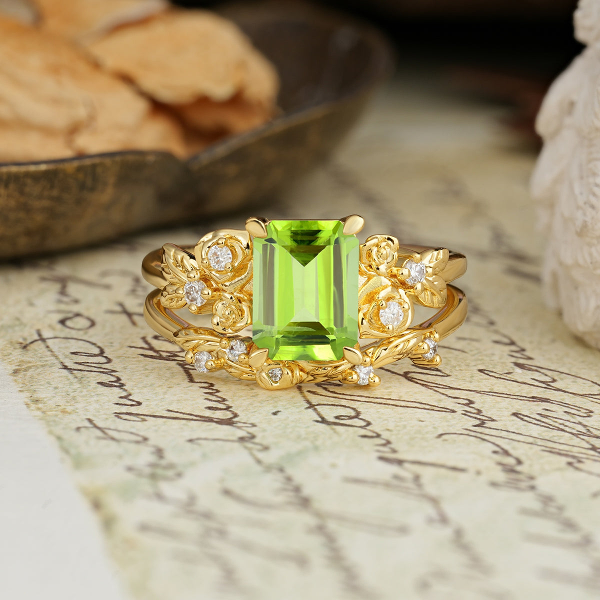 Nature-Inspired Luxury Aphrodite's Garden Emerald-Cut Peridot Rose-Themed Bridal Ring Set | RamaSoul - Yellow-Gold