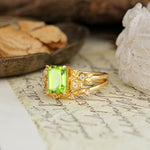 Nature-Inspired Luxury Aphrodite's Garden Emerald-Cut Peridot Rose-Themed Bridal Ring Set | RamaSoul - Rose-Gold
