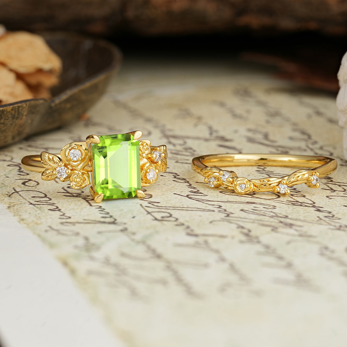 Nature-Inspired Luxury Aphrodite's Garden Emerald-Cut Peridot Rose-Themed Bridal Ring Set | RamaSoul - White-Gold