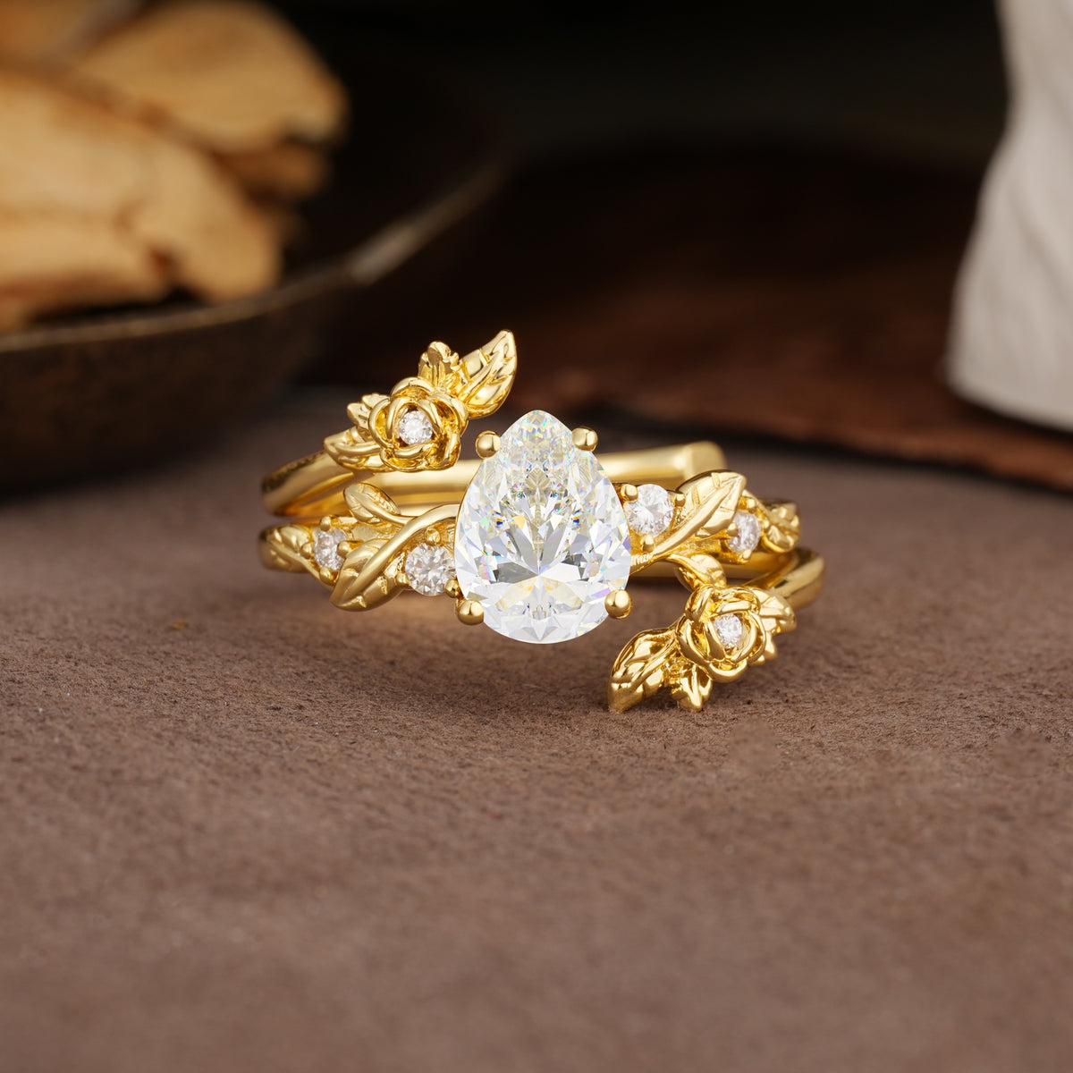 Nature-Inspired Luxury Aphrodite's Garden Pear-Cut Moissanite Floral Bridal Ring Set | RamaSoul - Yellow-Gold