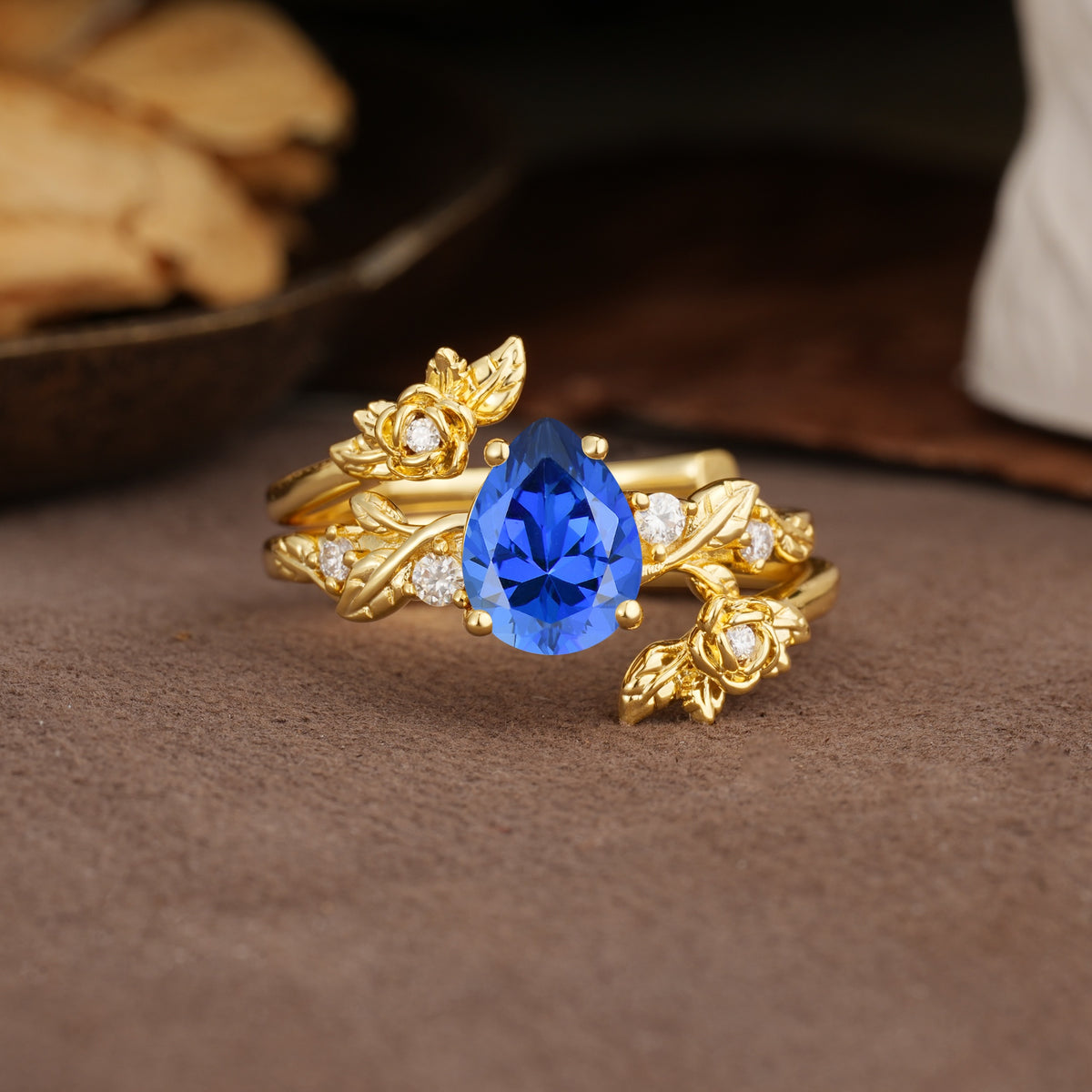 Nature-Inspired Luxury Aphrodite's Garden Pear-Cut Sapphire Floral Bridal Ring Set | RamaSoul - Yellow-Gold