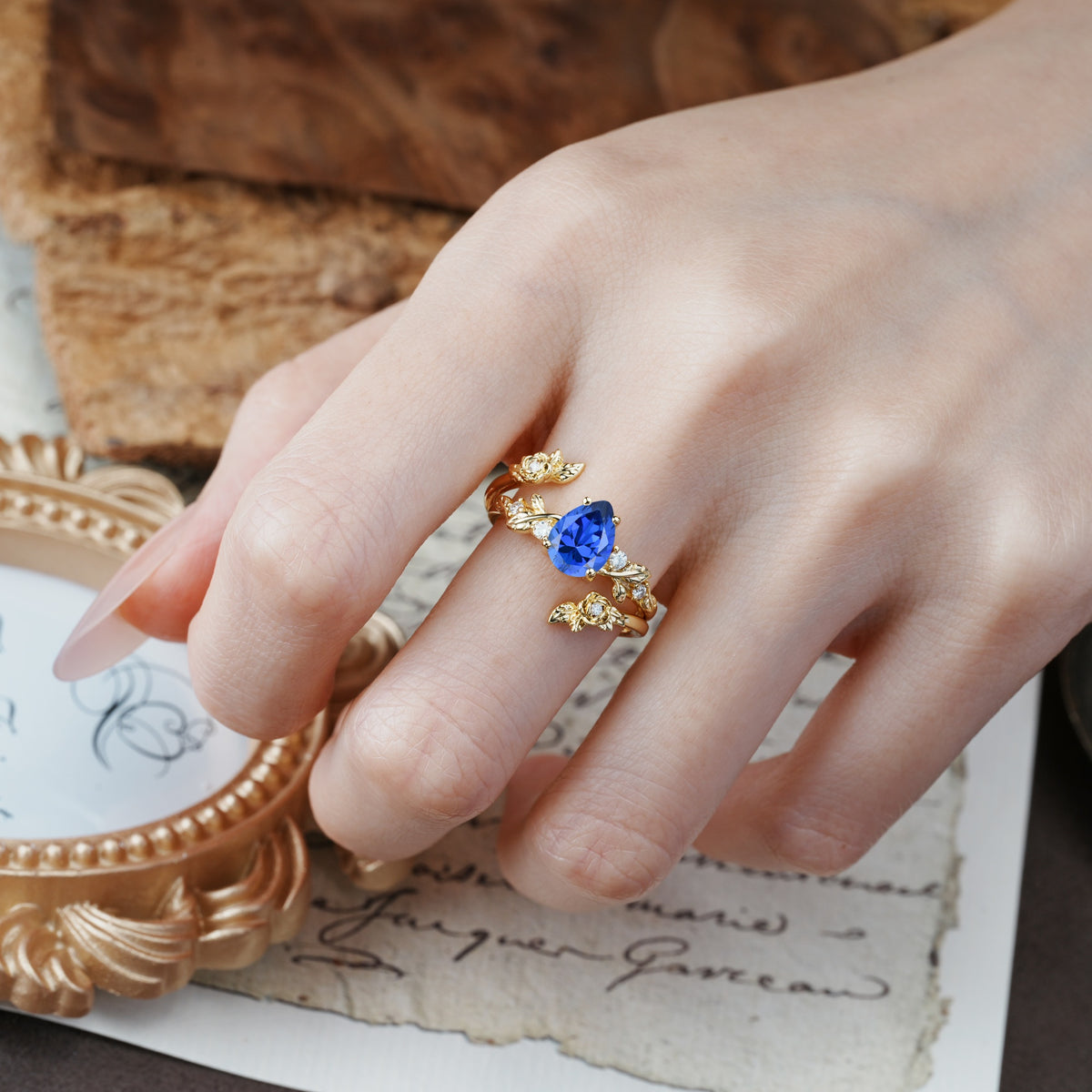 Nature-Inspired Luxury Aphrodite's Garden Pear-Cut Sapphire Floral Bridal Ring Set | RamaSoul