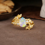 Nature-Inspired Luxury Aphrodite's Garden Pear-Cut Fire Opal Floral Bridal Ring Set | RamaSoul - Yellow-Gold
