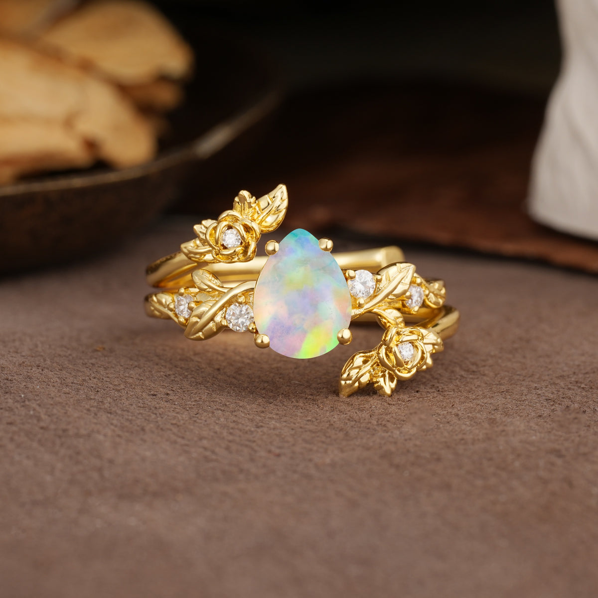 Nature-Inspired Luxury Aphrodite's Garden Pear-Cut Fire Opal Floral Bridal Ring Set | RamaSoul - Yellow-Gold