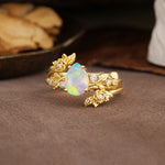 Nature-Inspired Luxury Aphrodite's Garden Pear-Cut Fire Opal Floral Bridal Ring Set | RamaSoul - Rose-Gold