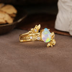 Nature-Inspired Luxury Aphrodite's Garden Pear-Cut Fire Opal Floral Bridal Ring Set | RamaSoul - White-Gold