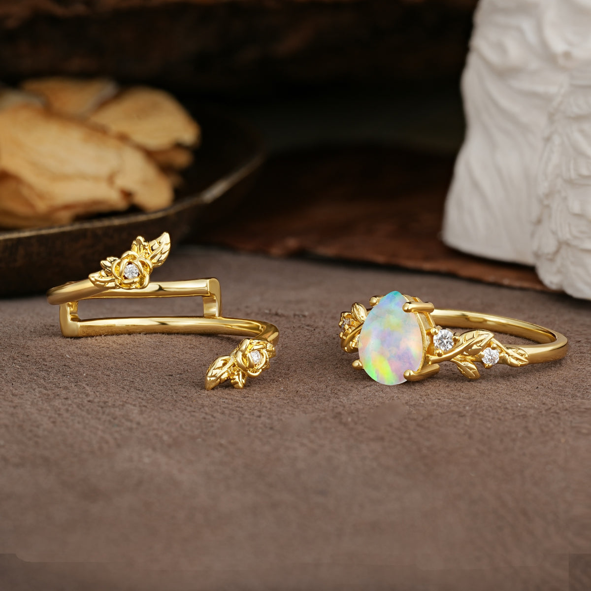 Nature-Inspired Luxury Aphrodite's Garden Pear-Cut Fire Opal Floral Bridal Ring Set | RamaSoul - Additional view