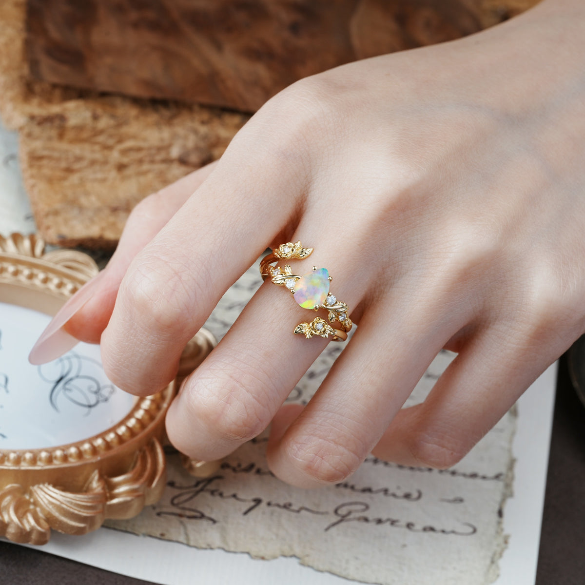 Nature-Inspired Luxury Aphrodite's Garden Pear-Cut Fire Opal Floral Bridal Ring Set | RamaSoul