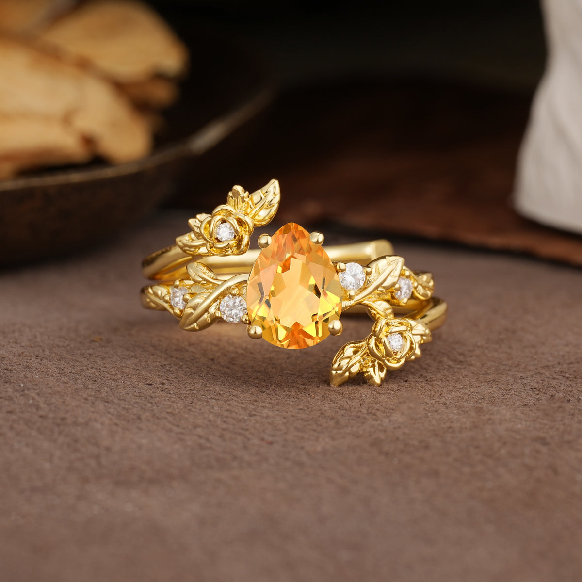 Nature-Inspired Luxury Aphrodite's Garden Pear-Cut Citrine Floral Bridal Ring Set | RamaSoul - Yellow-Gold