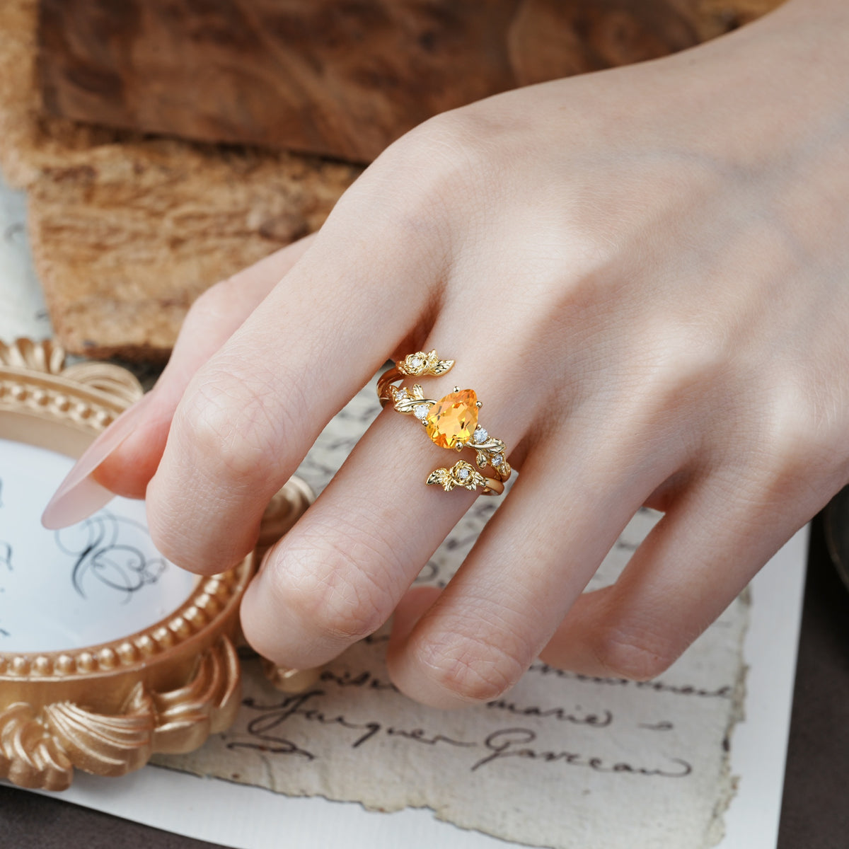 Nature-Inspired Luxury Aphrodite's Garden Pear-Cut Citrine Floral Bridal Ring Set | RamaSoul