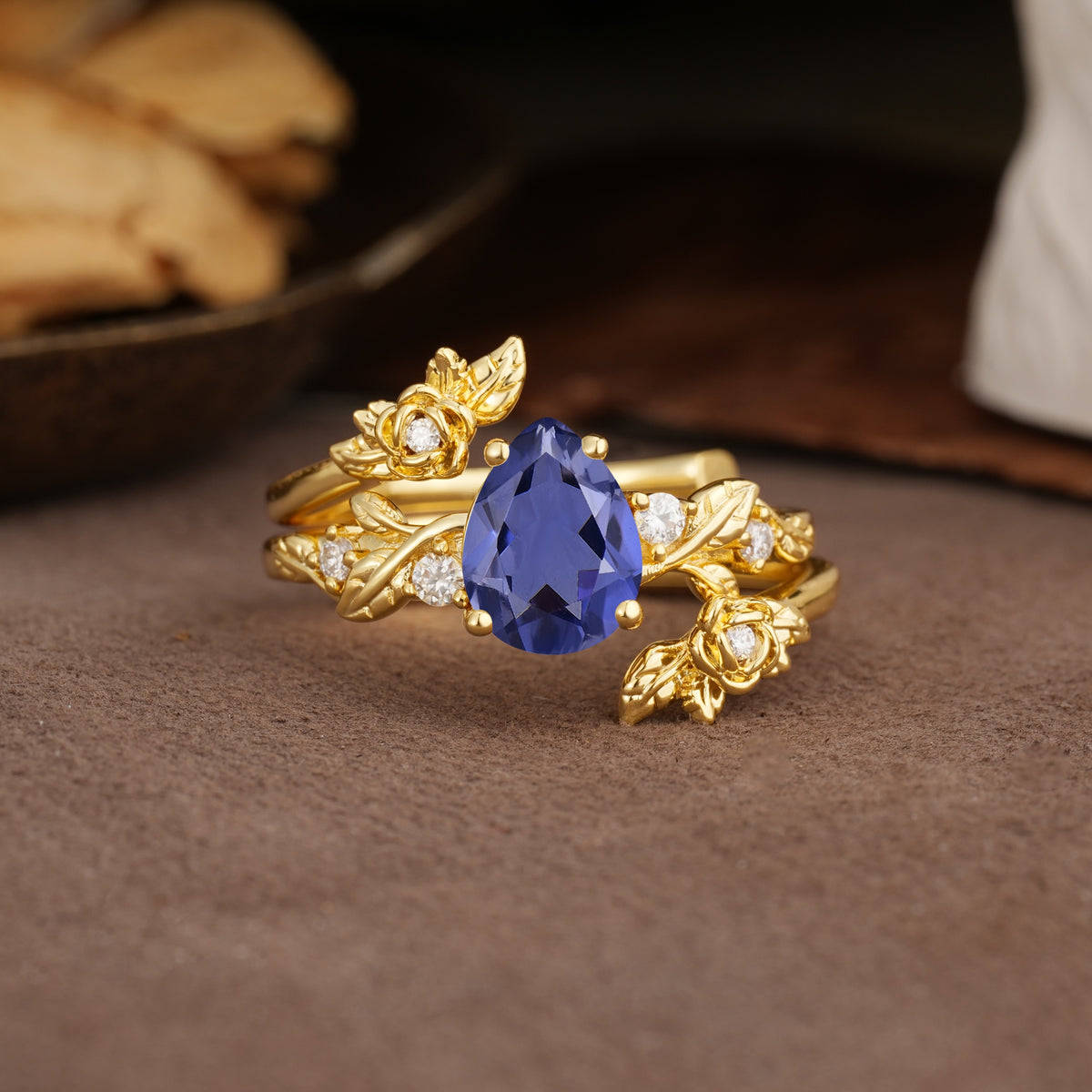 Nature-Inspired Luxury Aphrodite's Garden Pear-Cut Tanzanite Floral Bridal Ring Set | RamaSoul - Yellow-Gold