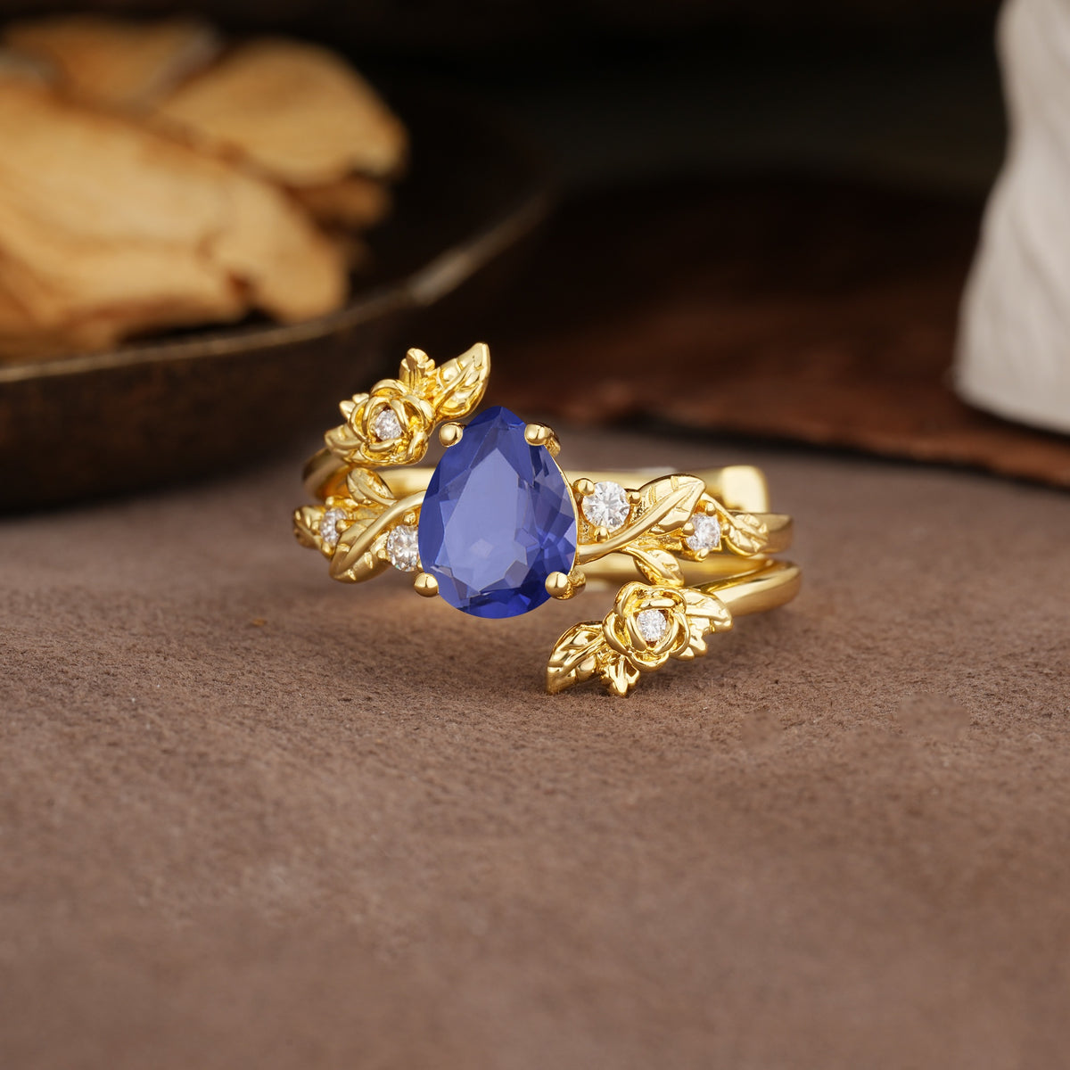 Nature-Inspired Luxury Aphrodite's Garden Pear-Cut Tanzanite Floral Bridal Ring Set | RamaSoul - Rose-Gold