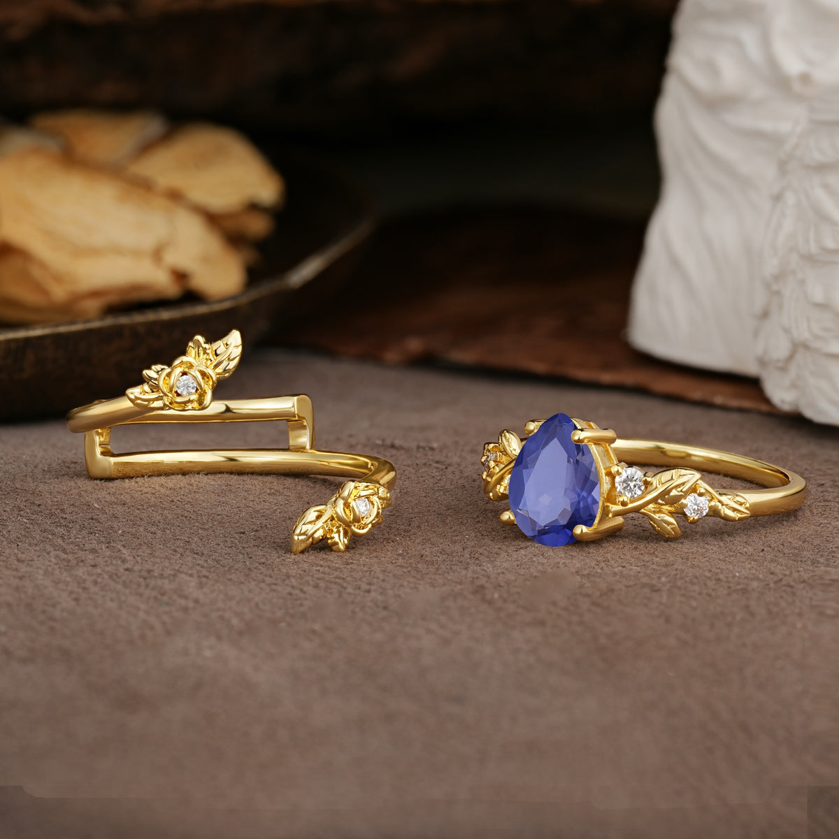 Nature-Inspired Luxury Aphrodite's Garden Pear-Cut Tanzanite Floral Bridal Ring Set | RamaSoul - Additional view
