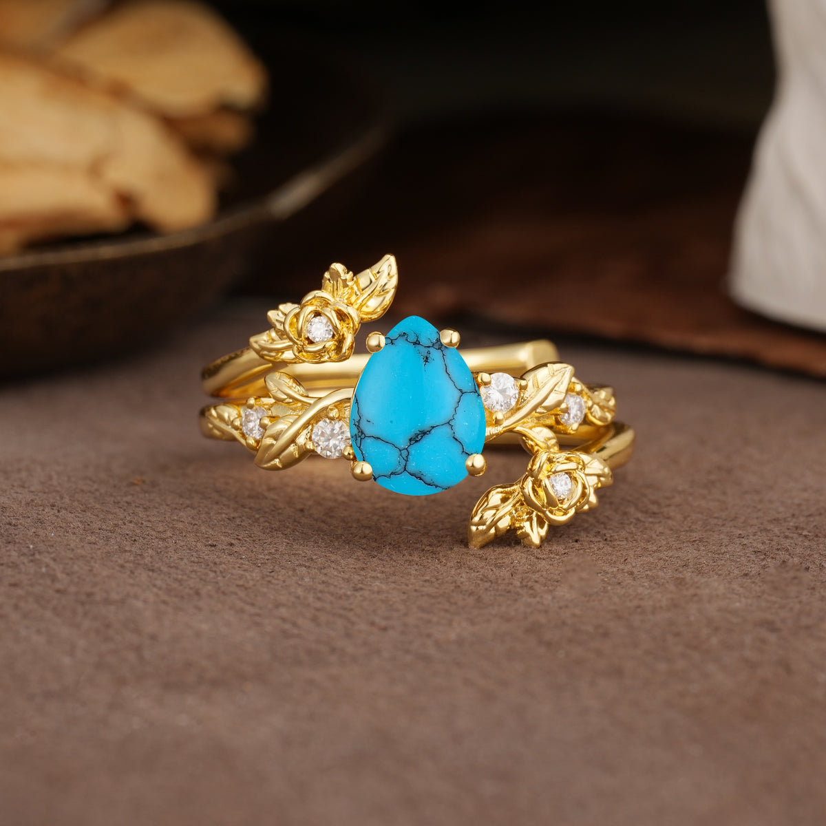 Nature-Inspired Luxury Aphrodite's Garden Pear-Cut Turquoise Floral Bridal Ring Set | RamaSoul - Yellow-Gold