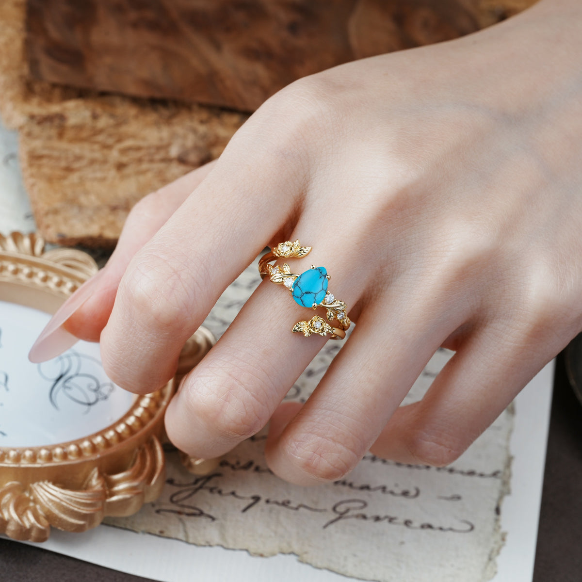 Nature-Inspired Luxury Aphrodite's Garden Pear-Cut Turquoise Floral Bridal Ring Set | RamaSoul