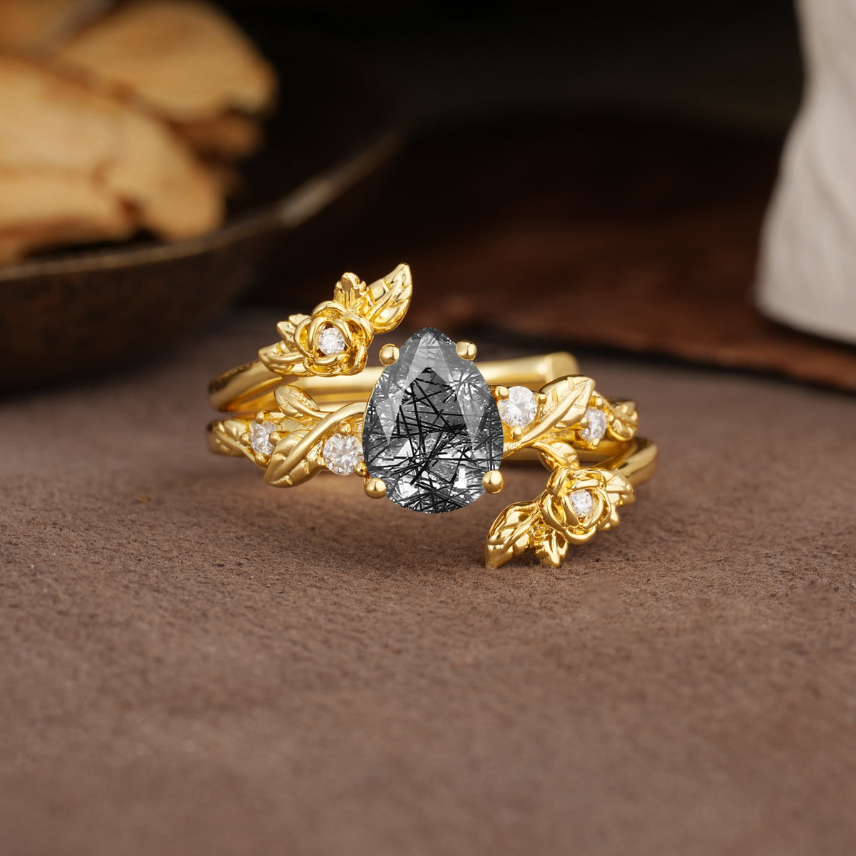 Nature-Inspired Luxury Aphrodite's Garden Pear-Cut Black Rutilated Quartz Floral Bridal Ring Set | RamaSoul - Yellow-Gold