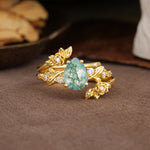 Nature-Inspired Luxury Aphrodite's Garden Pear-Cut Moss Agate Floral Bridal Ring Set | RamaSoul - Yellow-Gold