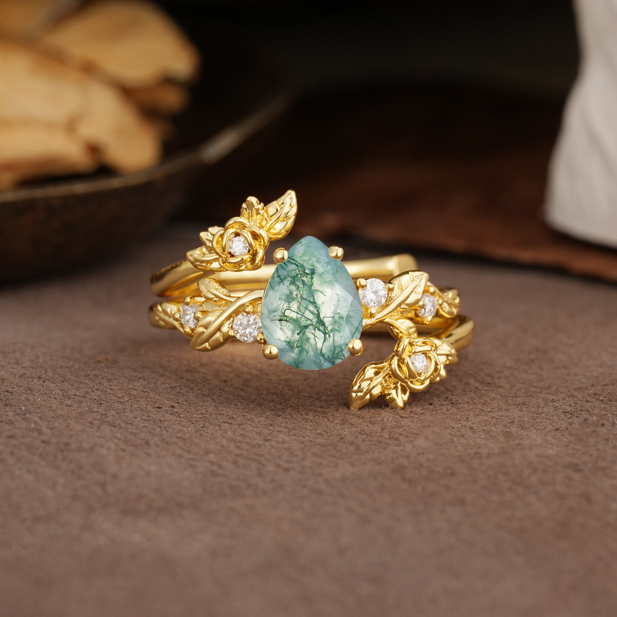 Nature-Inspired Luxury Aphrodite's Garden Pear-Cut Moss Agate Floral Bridal Ring Set | RamaSoul - Yellow-Gold