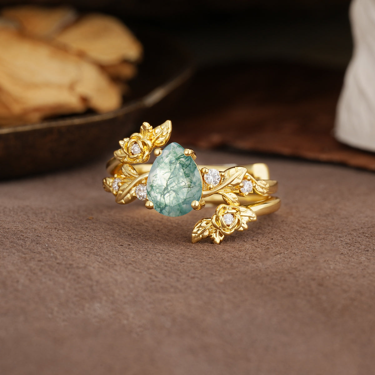 Nature-Inspired Luxury Aphrodite's Garden Pear-Cut Moss Agate Floral Bridal Ring Set | RamaSoul - Rose-Gold