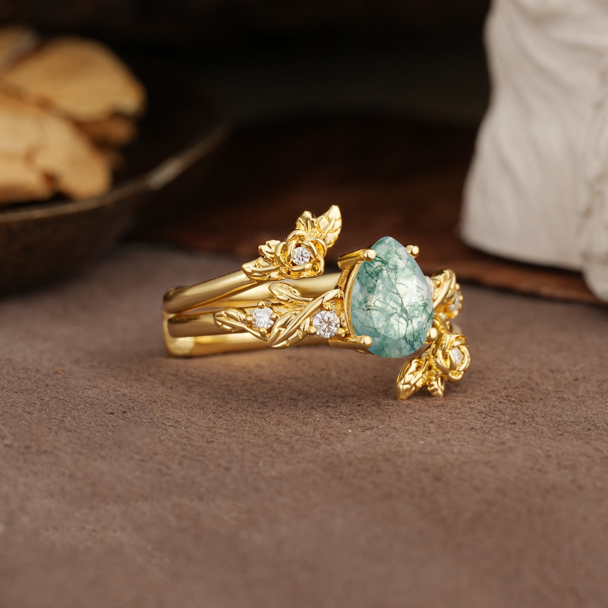 Nature-Inspired Luxury Aphrodite's Garden Pear-Cut Moss Agate Floral Bridal Ring Set | RamaSoul - White-Gold