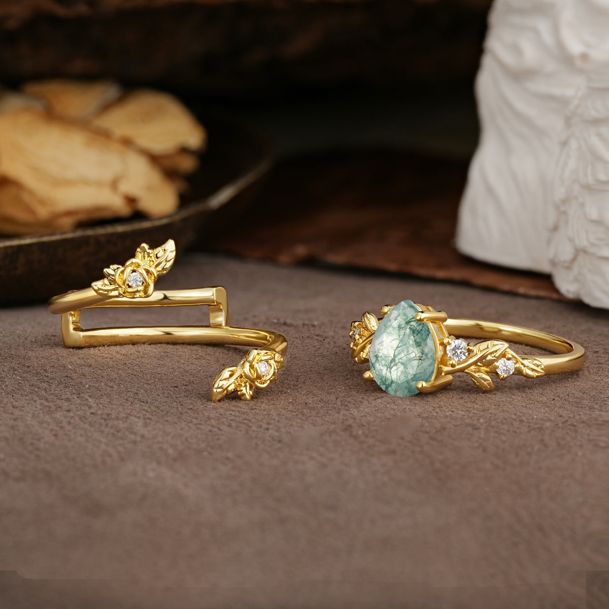 Nature-Inspired Luxury Aphrodite's Garden Pear-Cut Moss Agate Floral Bridal Ring Set | RamaSoul - Additional view