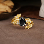 Nature-Inspired Luxury Aphrodite's Garden Pear-Cut Black Onyx Floral Bridal Ring Set | RamaSoul - Yellow-Gold