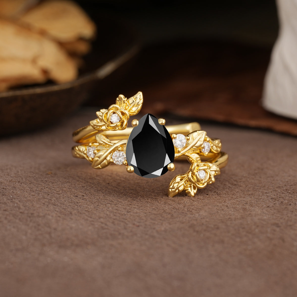 Nature-Inspired Luxury Aphrodite's Garden Pear-Cut Black Onyx Floral Bridal Ring Set | RamaSoul - Yellow-Gold