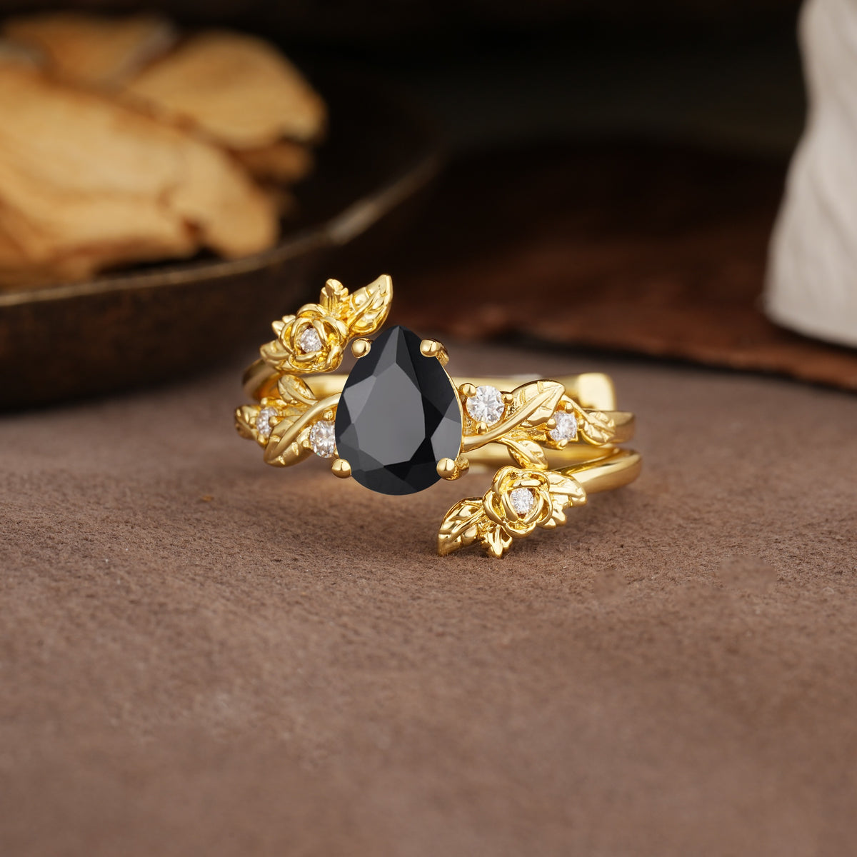 Nature-Inspired Luxury Aphrodite's Garden Pear-Cut Black Onyx Floral Bridal Ring Set | RamaSoul - Rose-Gold