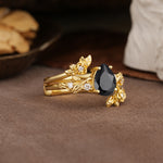 Nature-Inspired Luxury Aphrodite's Garden Pear-Cut Black Onyx Floral Bridal Ring Set | RamaSoul - White-Gold
