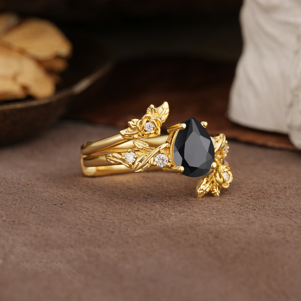 Nature-Inspired Luxury Aphrodite's Garden Pear-Cut Black Onyx Floral Bridal Ring Set | RamaSoul - White-Gold