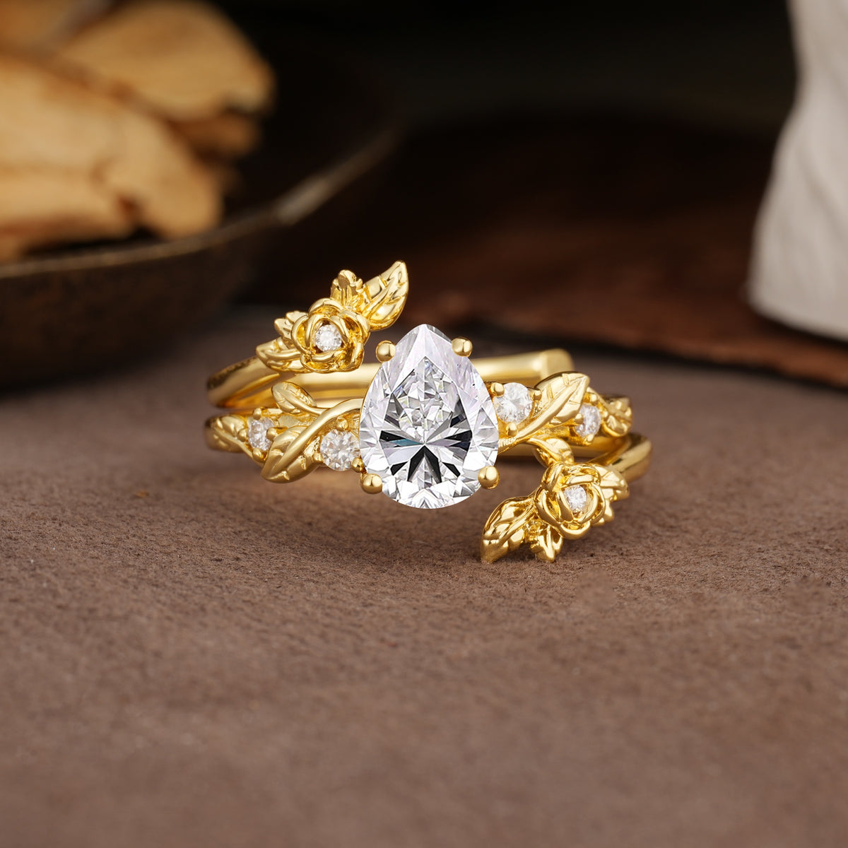 Nature-Inspired Luxury Aphrodite's Garden Pear-Cut Lab Diamond Floral Bridal Ring Set | RamaSoul - Yellow-Gold