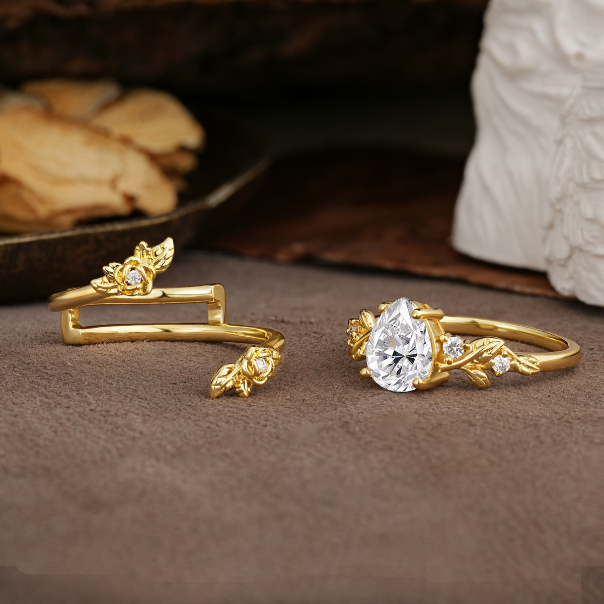 Nature-Inspired Luxury Aphrodite's Garden Pear-Cut Lab Diamond Floral Bridal Ring Set | RamaSoul - Additional view