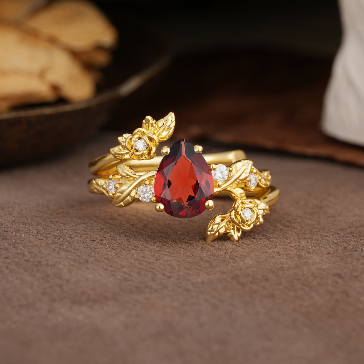Nature-Inspired Luxury Aphrodite's Garden Pear-Cut Garnet Floral Bridal Ring Set | RamaSoul - Yellow-Gold