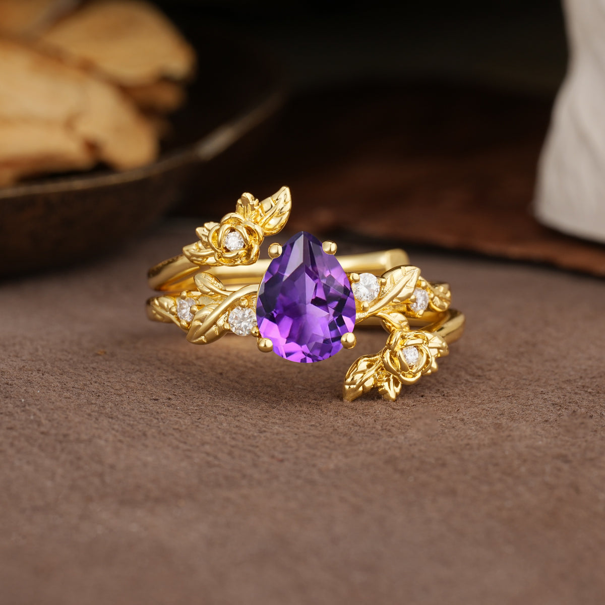 Nature-Inspired Luxury Aphrodite's Garden Pear-Cut Amethyst Floral Bridal Ring Set | RamaSoul - Yellow-Gold