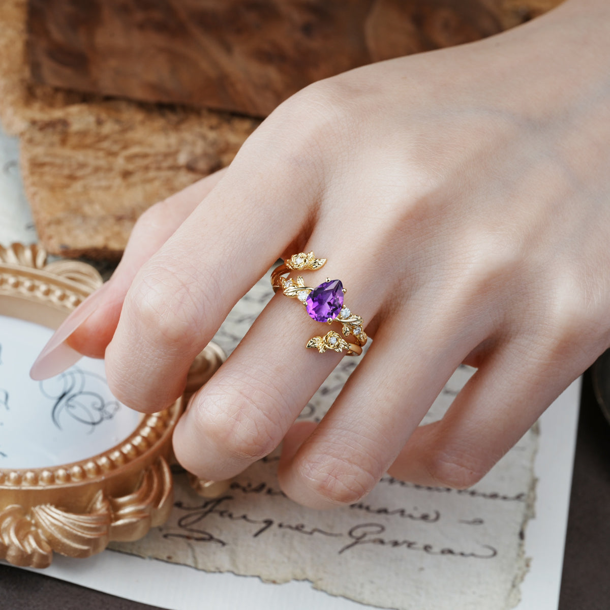 Nature-Inspired Luxury Aphrodite's Garden Pear-Cut Amethyst Floral Bridal Ring Set | RamaSoul