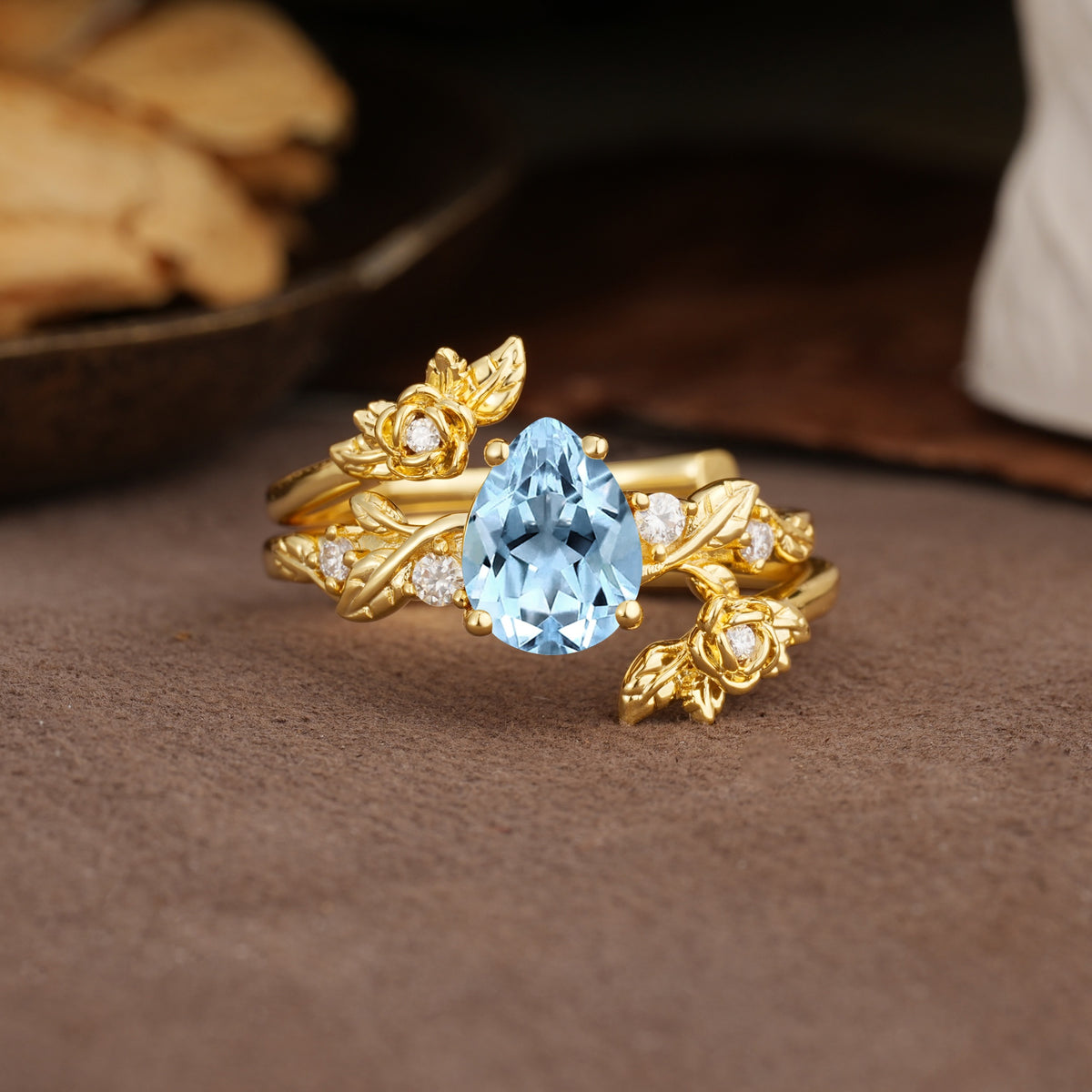 Nature-Inspired Luxury Aphrodite's Garden Pear-Cut Aquamarine Floral Bridal Ring Set | RamaSoul - Yellow-Gold