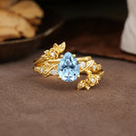 Nature-Inspired Luxury Aphrodite's Garden Pear-Cut Aquamarine Floral Bridal Ring Set | RamaSoul - Yellow-Gold