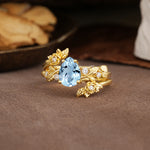 Nature-Inspired Luxury Aphrodite's Garden Pear-Cut Aquamarine Floral Bridal Ring Set | RamaSoul - Rose-Gold