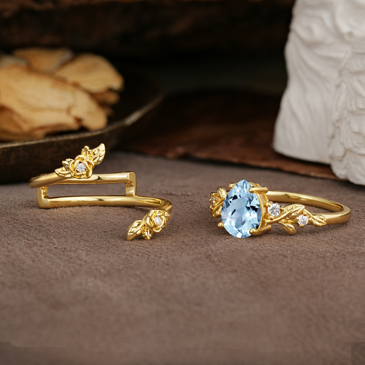 Nature-Inspired Luxury Aphrodite's Garden Pear-Cut Aquamarine Floral Bridal Ring Set | RamaSoul - Additional view