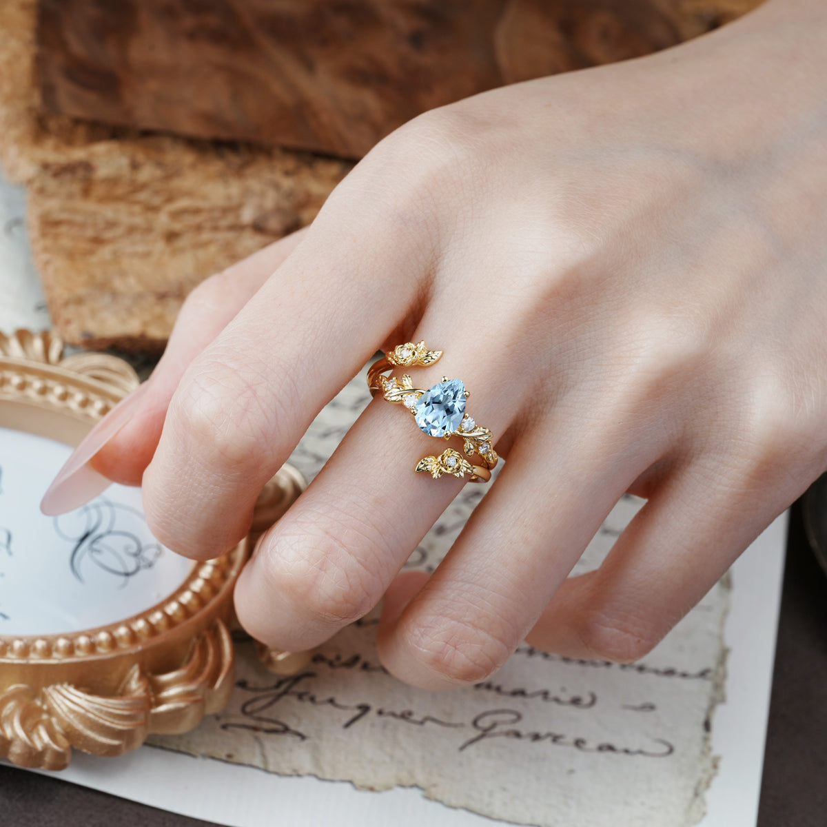 Nature-Inspired Luxury Aphrodite's Garden Pear-Cut Aquamarine Floral Bridal Ring Set | RamaSoul